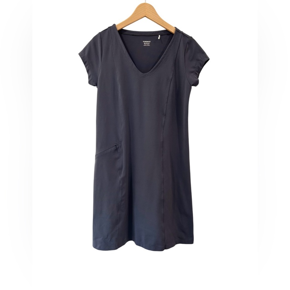 Toad&Co Tech Tomboy Cap Sleeve Dress medium grey stretch outdoors pocket v-neck